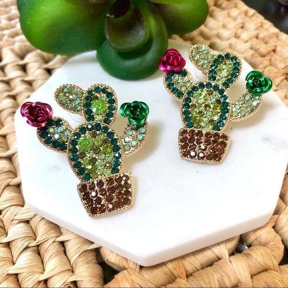 NEW! Bling Cactus with Rose Statement Earrings - Picture 3 of 11